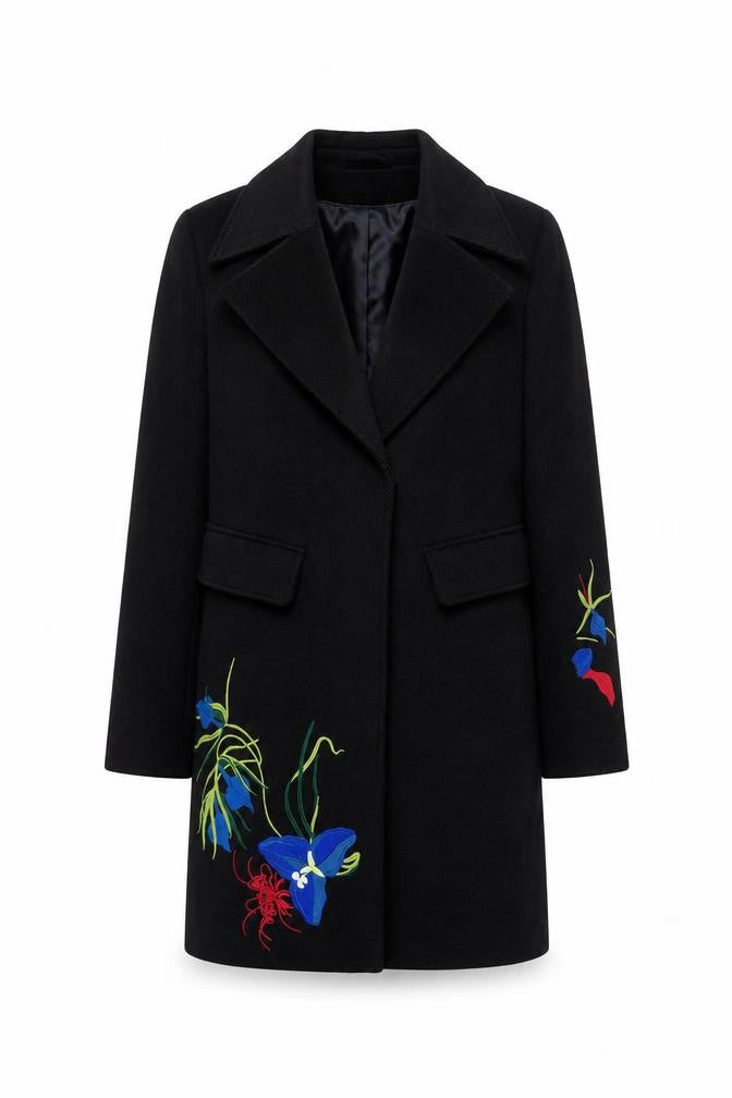 Front view of Next Women’s Black Floral Embroidered Long Coat, size UK 8