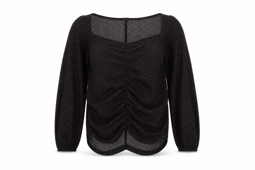 Front view of Sinsay Women's Black Red Polka Dot Long Sleeve Blouse, size 16