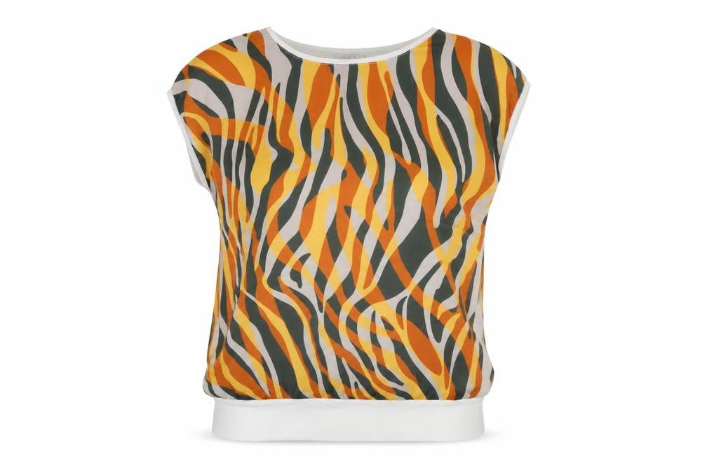 Front view of Deck by Decollage Women's Orange Print Short Sleeve Tunic Top S