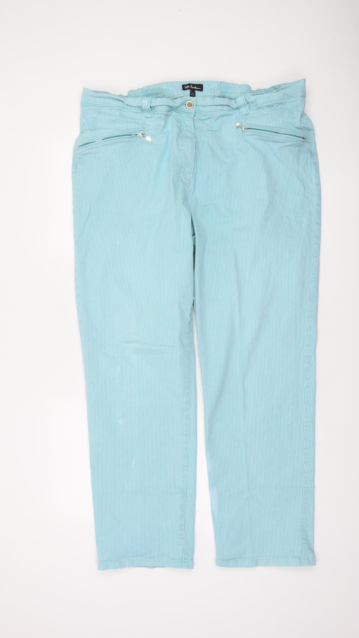 Ulla Popken Women's Blue Striped Cotton Chino Trousers Size 22 Plus