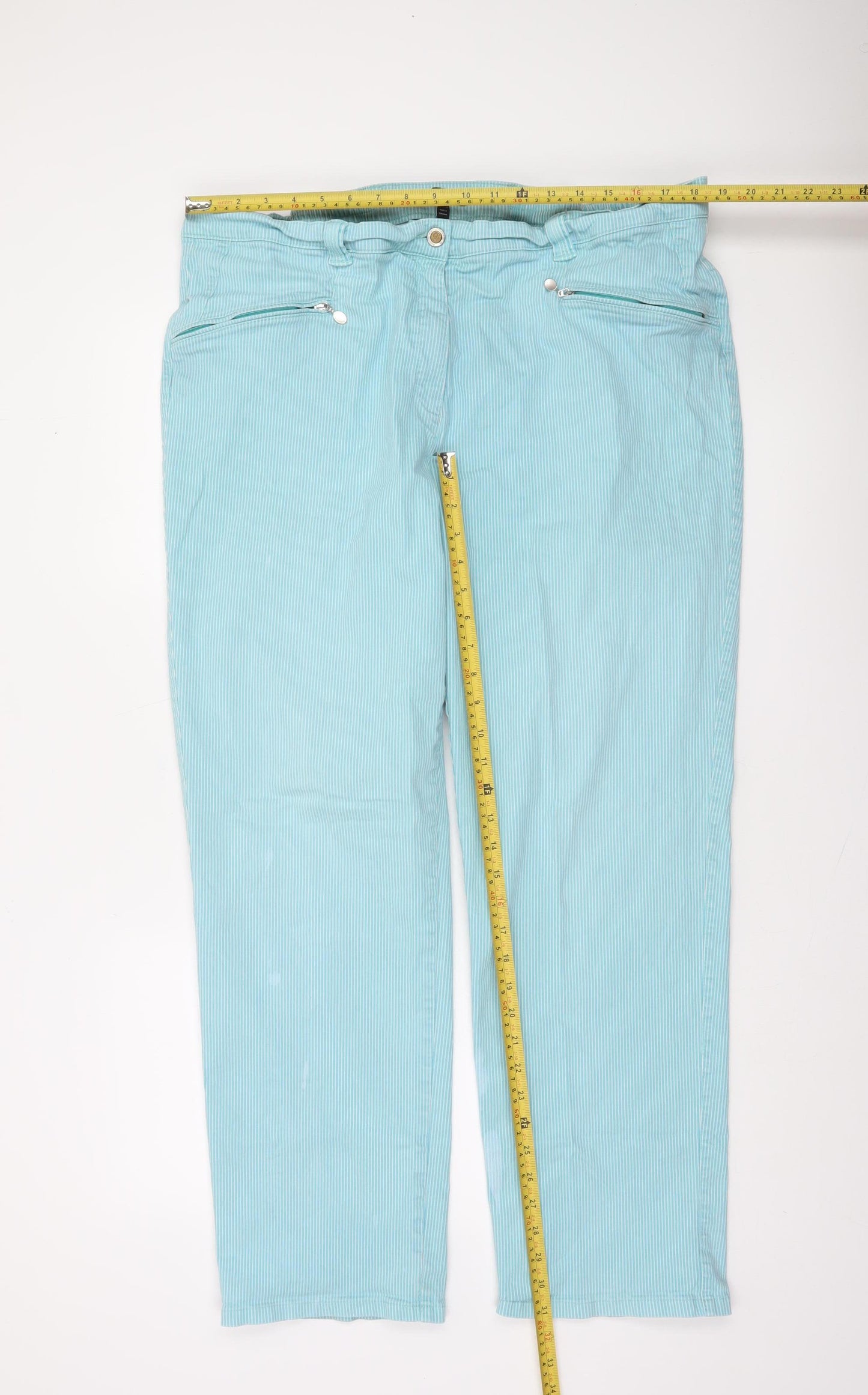 Ulla Popken Women's Blue Striped Cotton Chino Trousers Size 22 Plus