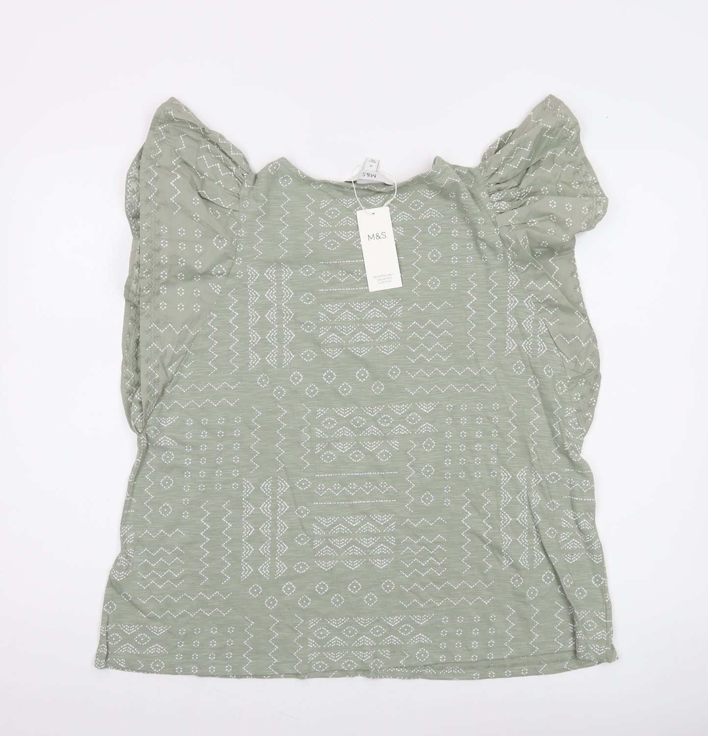 Marks and Spencer Women’s Green Ruffle Sleeve Cotton Blouse Size 16