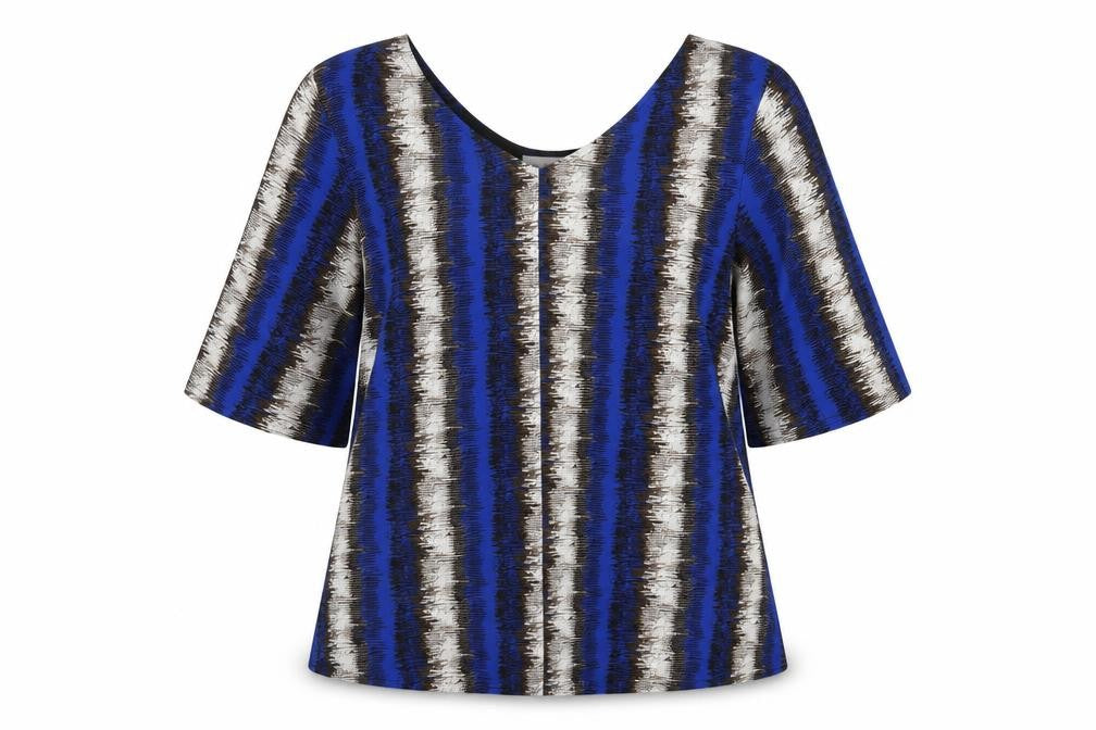 Front view of Gerard Women's Blue Striped Tunic Blouse, size 16, Short Sleeve Top