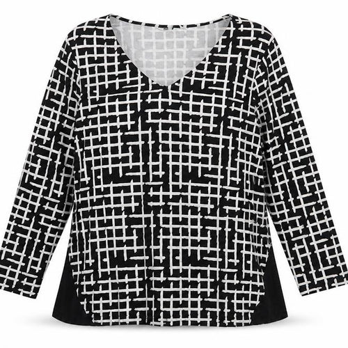 Rockmans Women Black Geometric Tunic Blouse M Long Sleeve Viscose