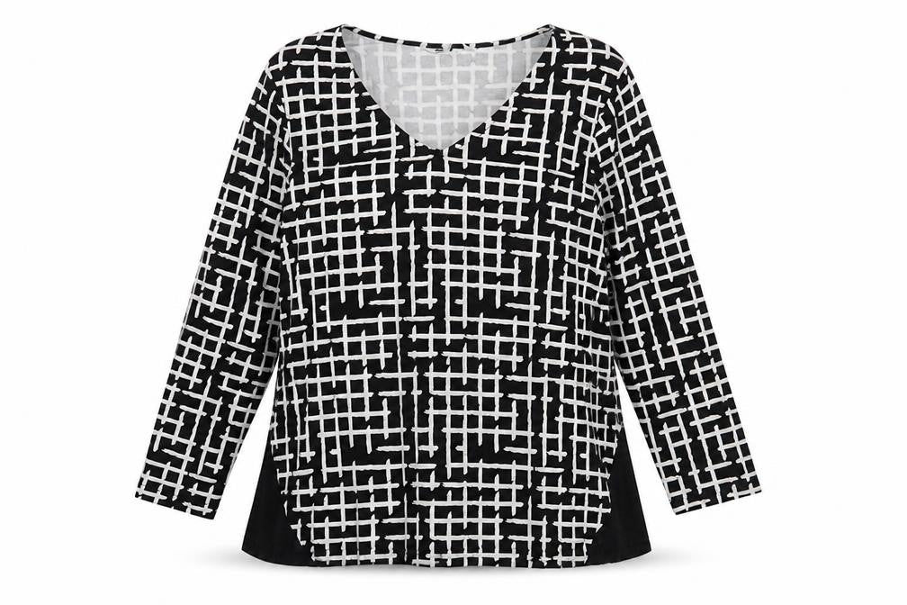Rockmans Women Black Geometric Tunic Blouse M Long Sleeve Viscose