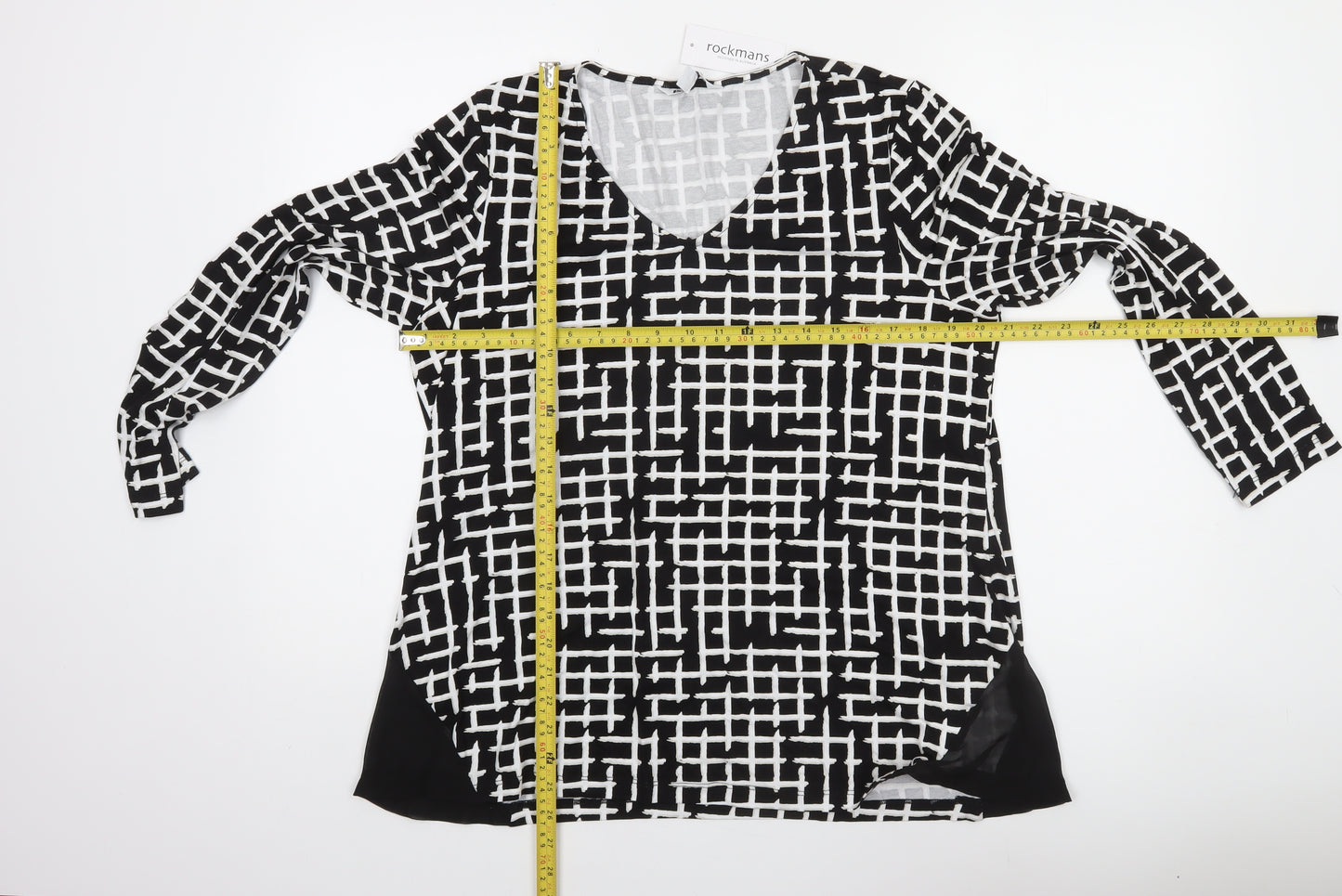 Rockmans Women Black Geometric Tunic Blouse M Long Sleeve Viscose
