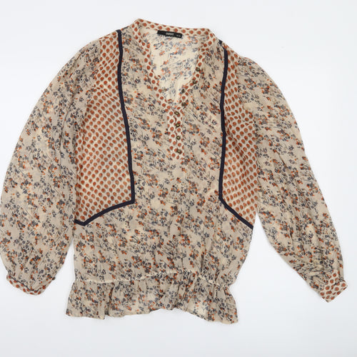 Oasis Women's Beige Floral Ruffle Bohemian Blouse Size 12