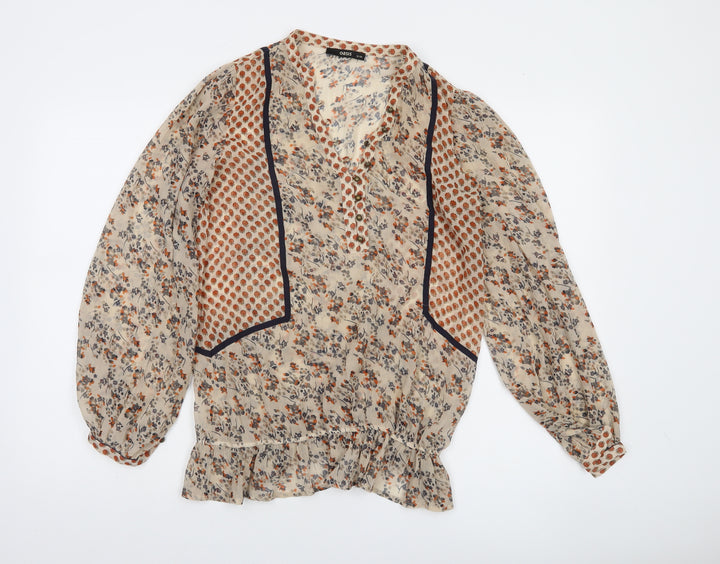 Oasis Women's Beige Floral Ruffle Bohemian Blouse Size 12