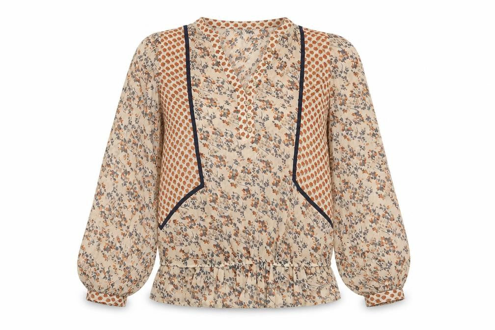 Front view of Oasis Women's Beige Floral Ruffle Bohemian Blouse, size 12