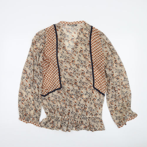 Oasis Women's Beige Floral Ruffle Bohemian Blouse Size 12