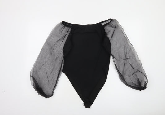 Boohoo Women Black UK 12 Off Shoulder Sheer Sleeve Bodysuit