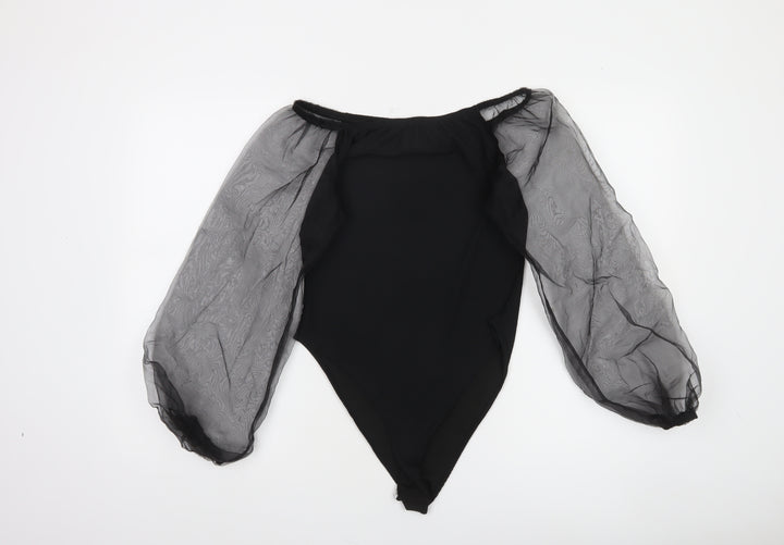 Boohoo Women Black UK 12 Off Shoulder Sheer Sleeve Bodysuit