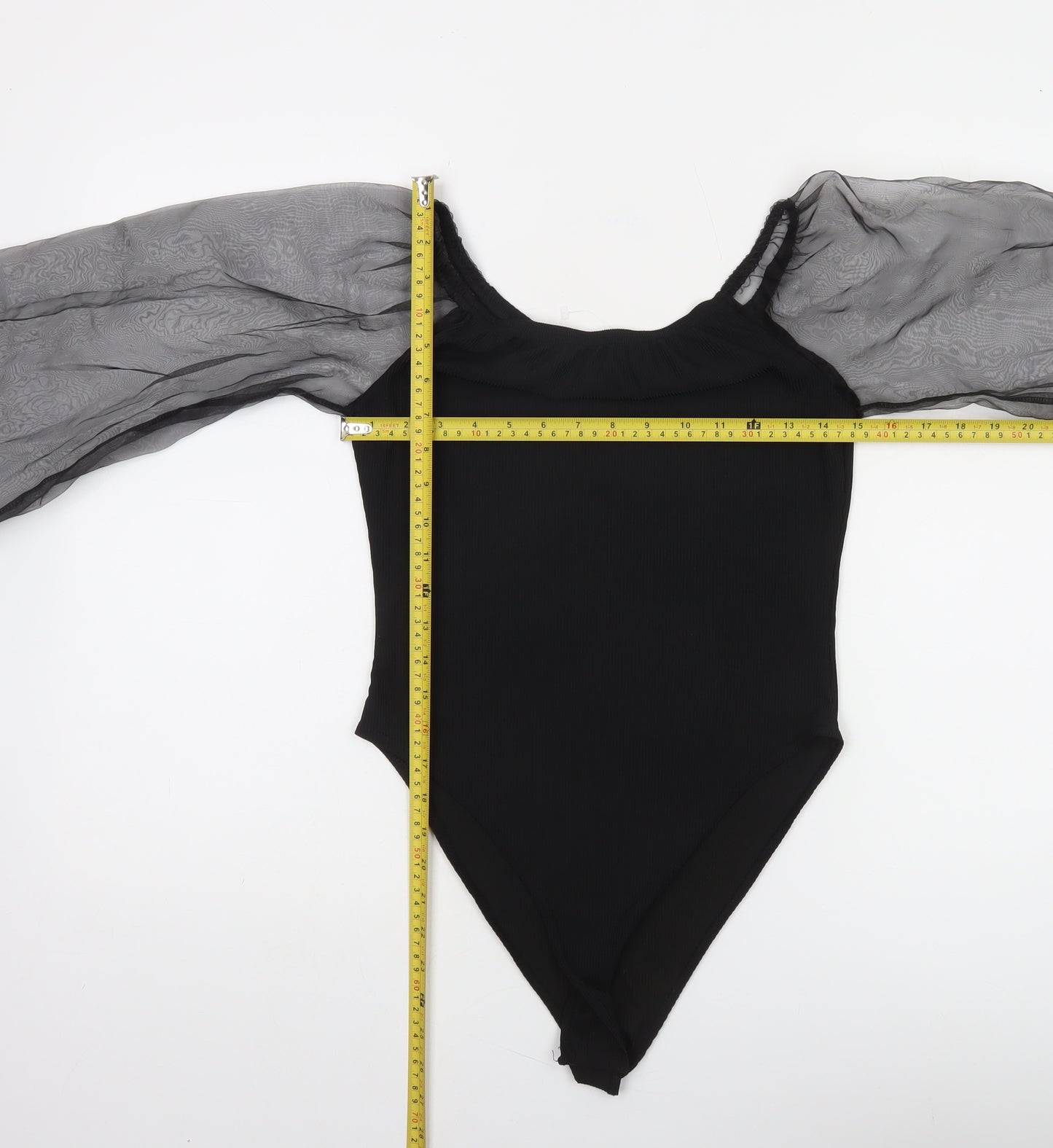 Boohoo Women Black UK 12 Off Shoulder Sheer Sleeve Bodysuit