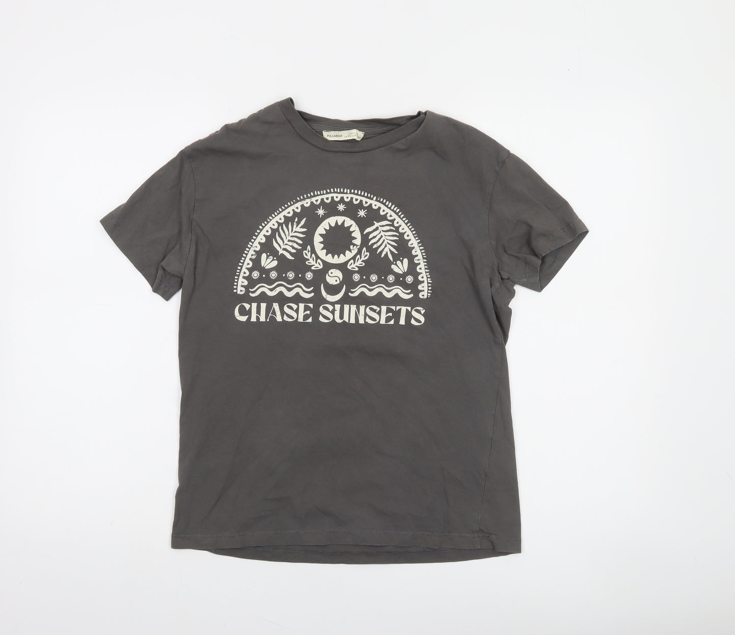 Pull & Bear Women's Grey 'Chase Sunsets' Cotton T-Shirt XS