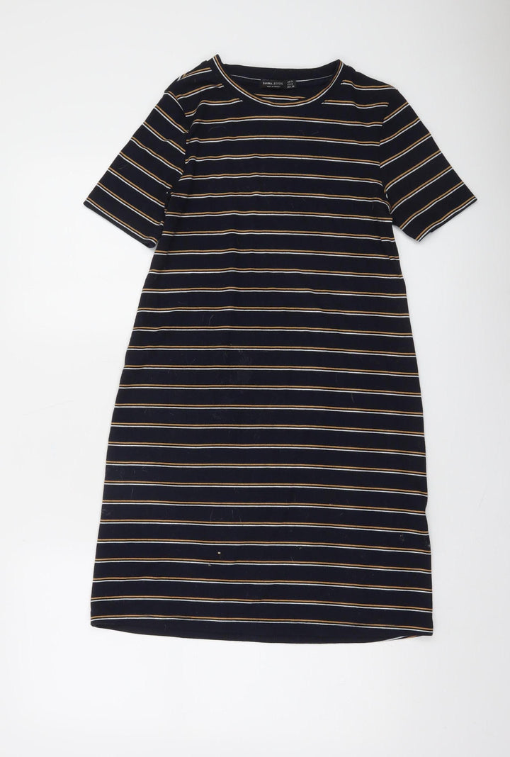 Bershka Women Blue Striped T-Shirt Dress Size 8 Short Sleeve Casual