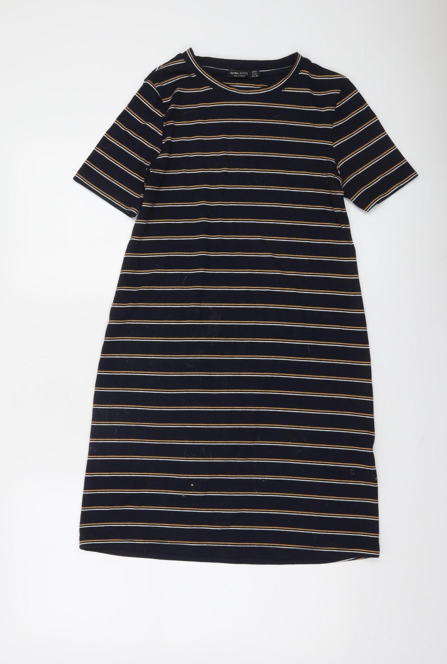 Bershka Women Blue Striped T-Shirt Dress Size 8 Short Sleeve Casual