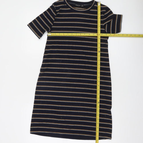 Bershka Women Blue Striped T-Shirt Dress Size 8 Short Sleeve Casual