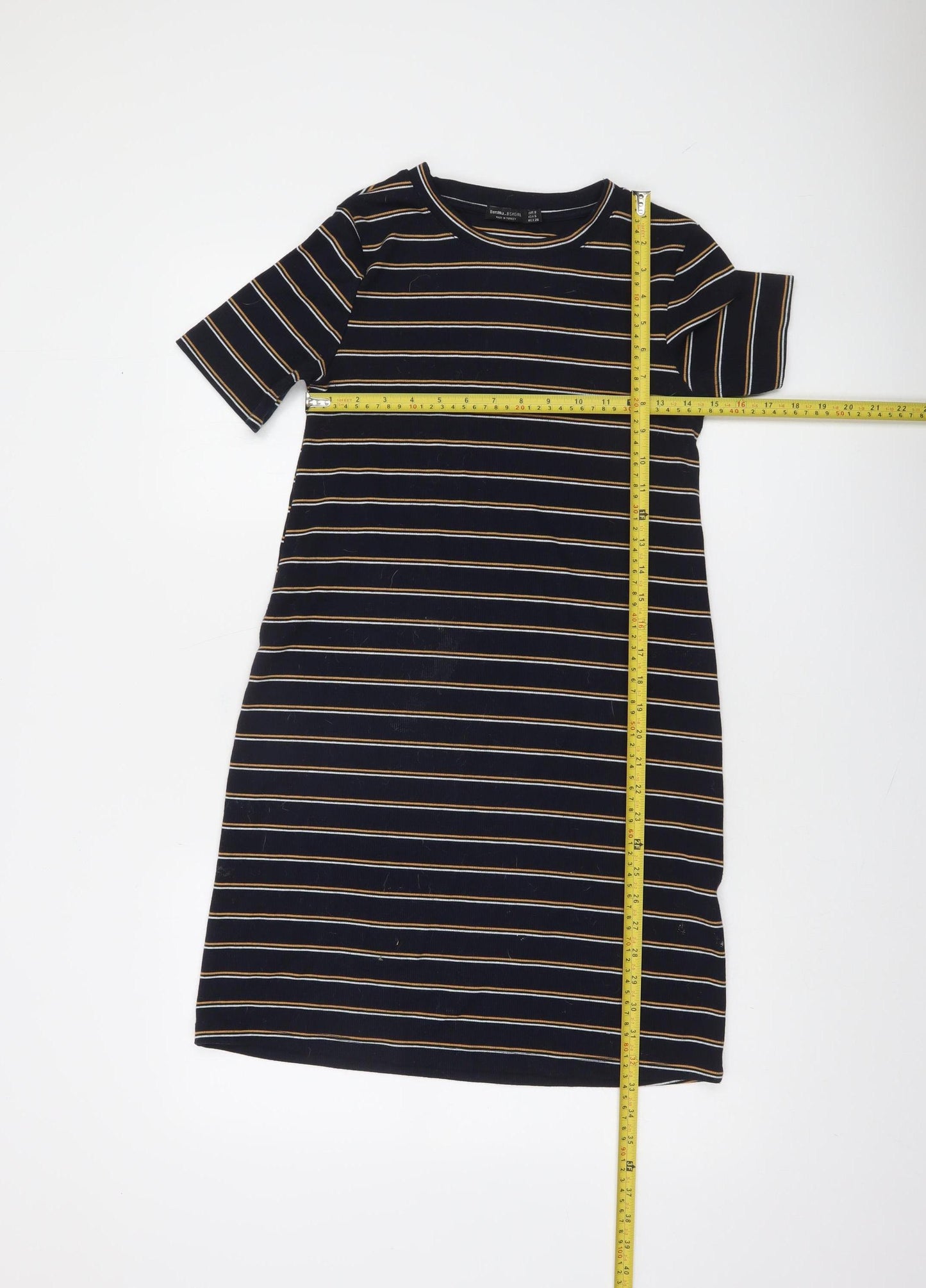 Bershka Women Blue Striped T-Shirt Dress Size 8 Short Sleeve Casual