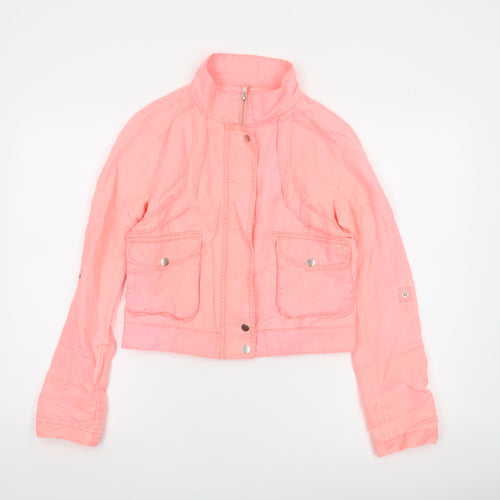 Stradivarius Women Pink Cropped Bomber Jacket Size 12 Ramie Cotton