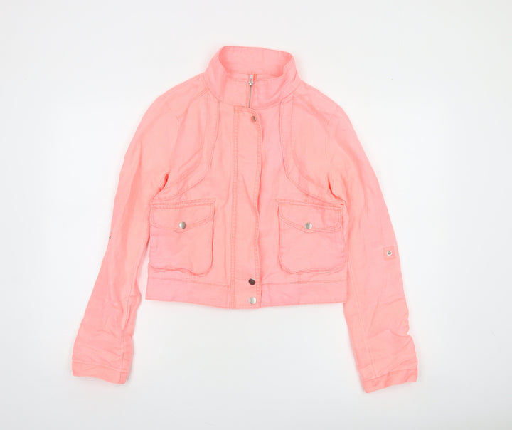 Stradivarius Women Pink Cropped Bomber Jacket Size 12 Ramie Cotton