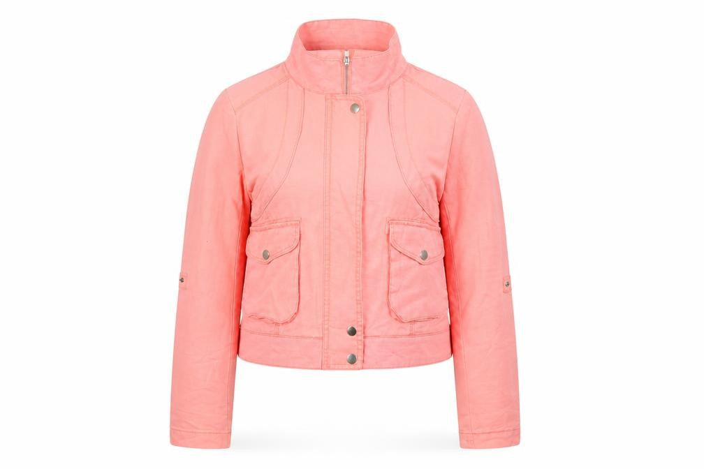 Stradivarius Women Pink Cropped Bomber Jacket Size 12 Ramie Cotton