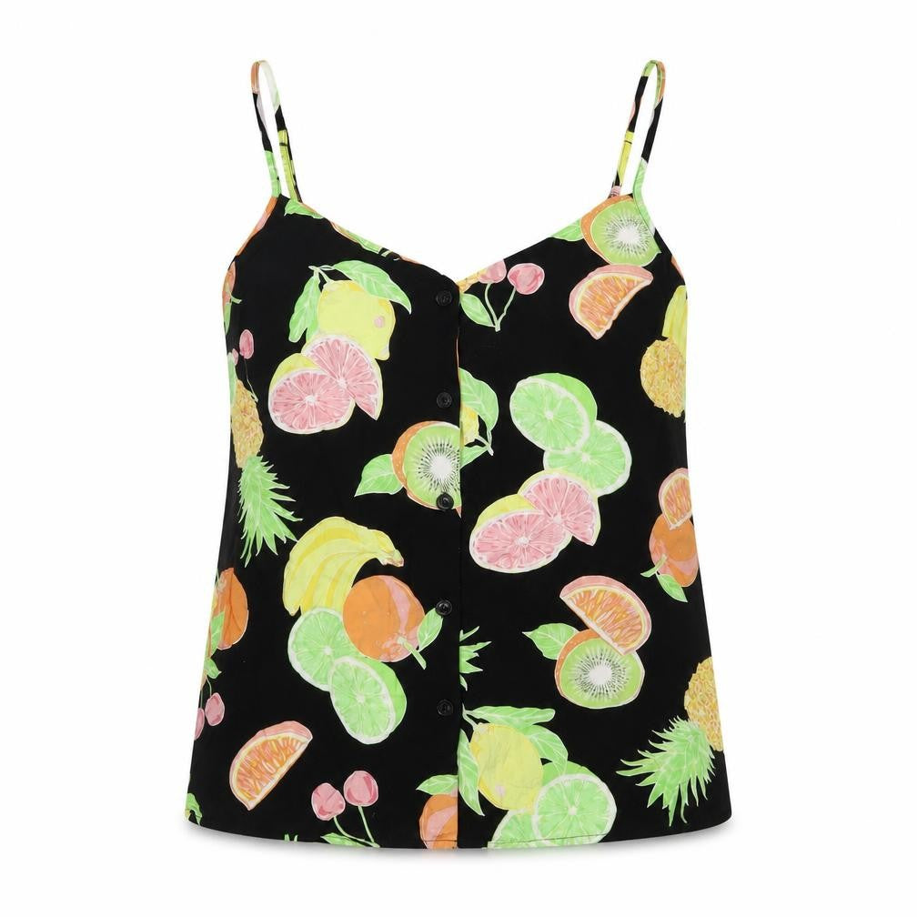 Front view of Warehouse Women's Black Fruit Print Camisole Tank Top, size 14