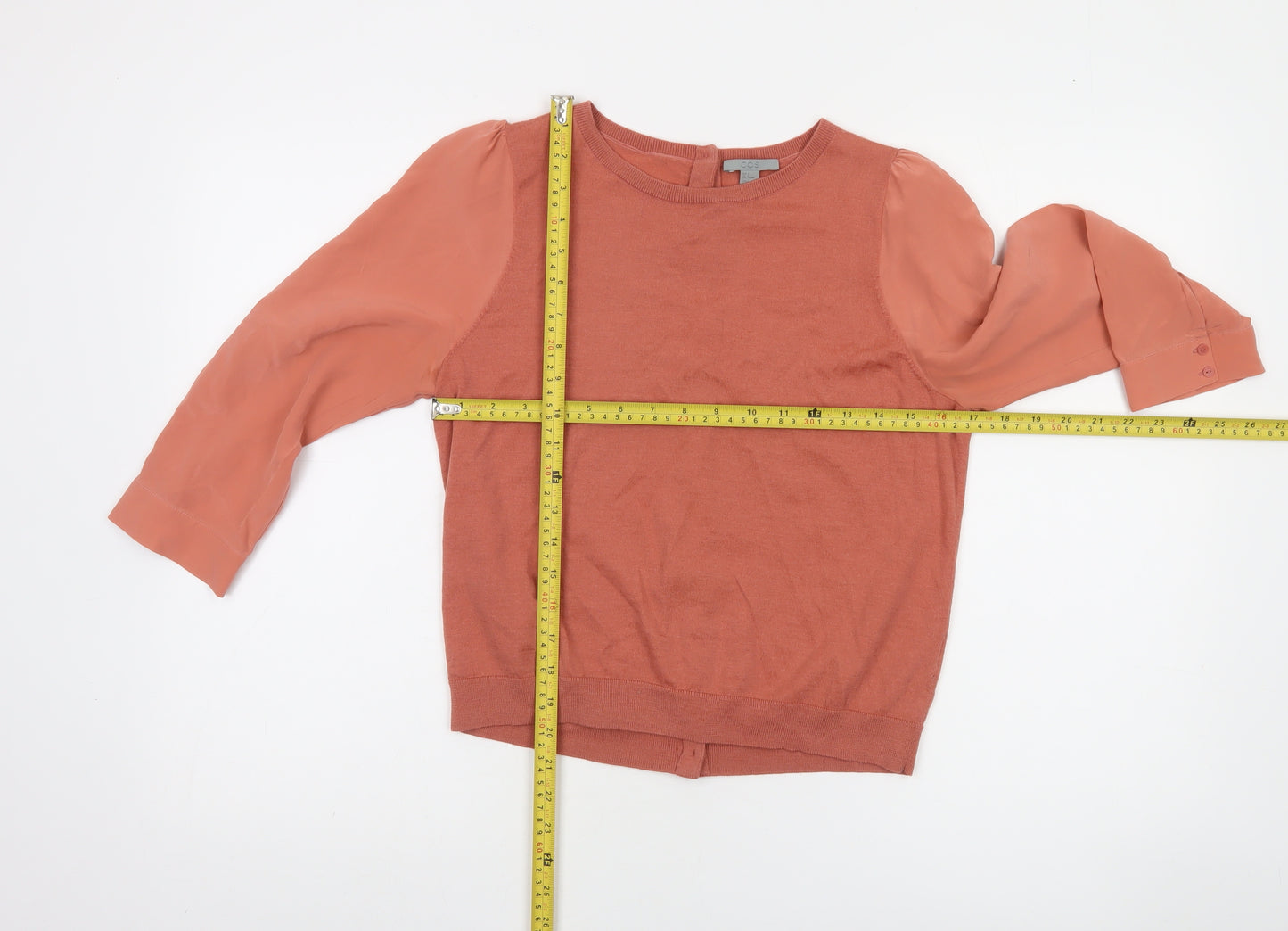 COS Womens Pink Cotton Silk Puff Sleeve Crew Neck Cardigan Size 10
