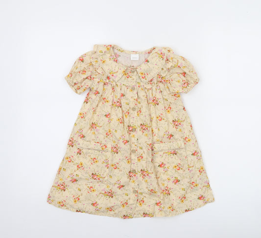 Next Girls Beige Floral Cotton A-Line Dress 2-3 Years Short Sleeve