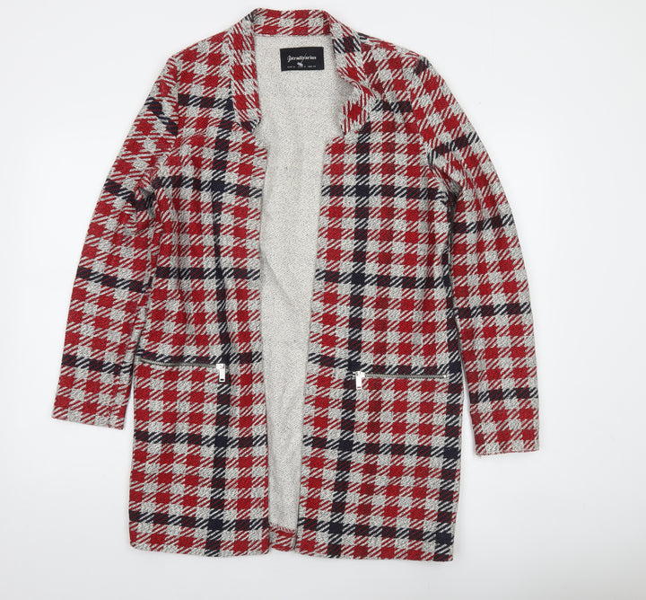 Stradivarius Women Red Check Mid-Length Coatigan Size 12