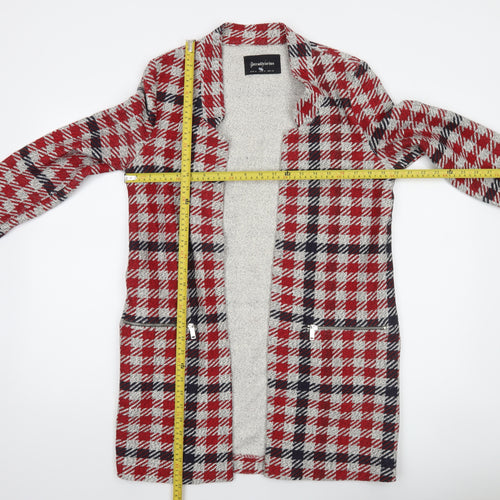 Stradivarius Women Red Check Mid-Length Coatigan Size 12