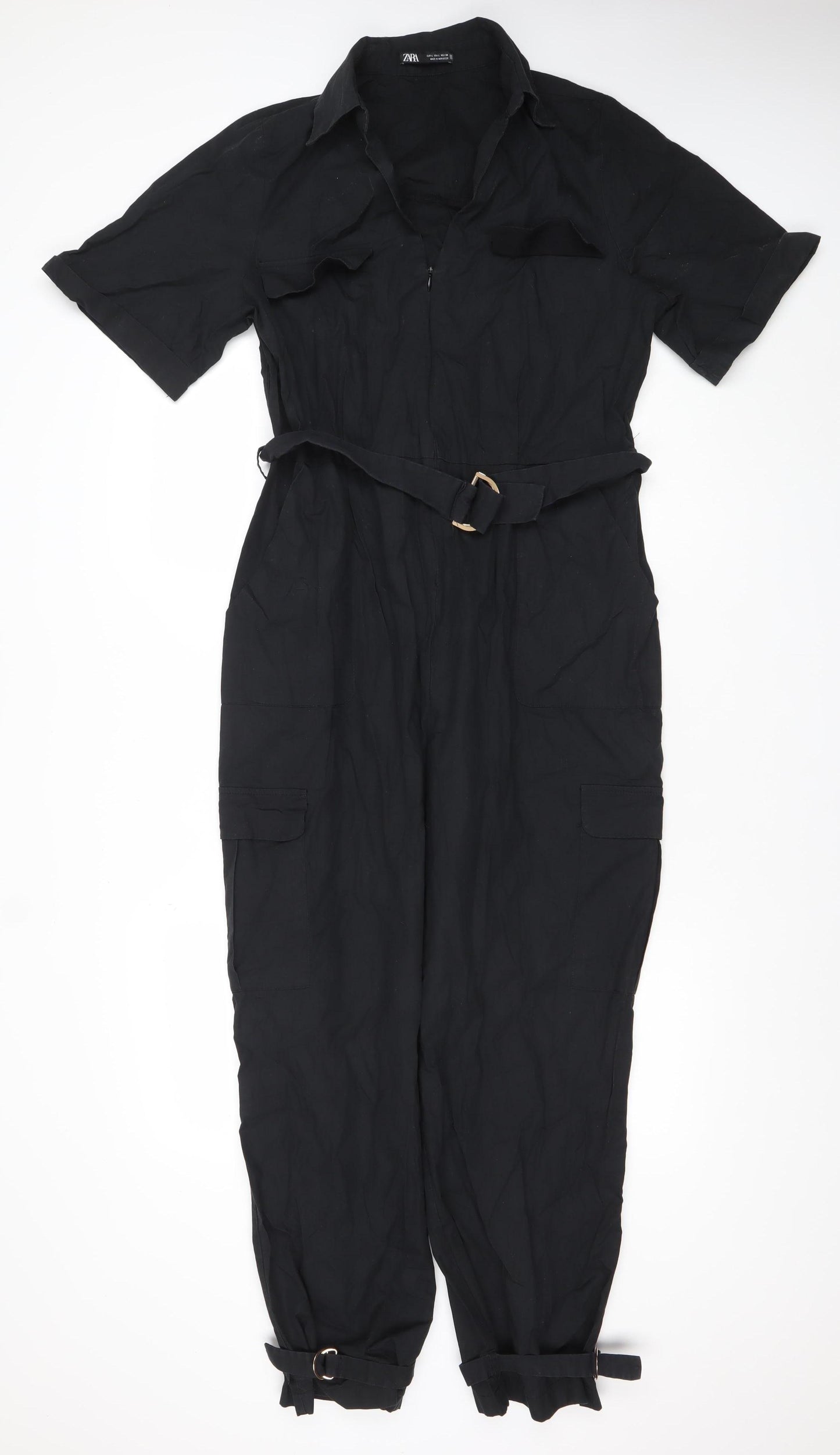 Zara Women's Black Collared Belted Jumpsuit Size 12