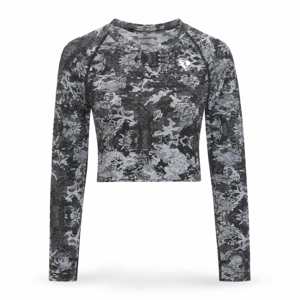 Front view of Women's Best Grey Camouflage Long Sleeve Cropped Activewear Top M