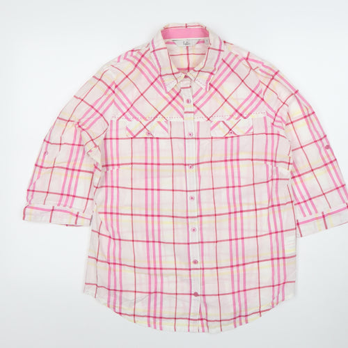 Isle Womens Pink Check Button-Up Shirt Size 14 Cotton 3/4 Sleeve Casual