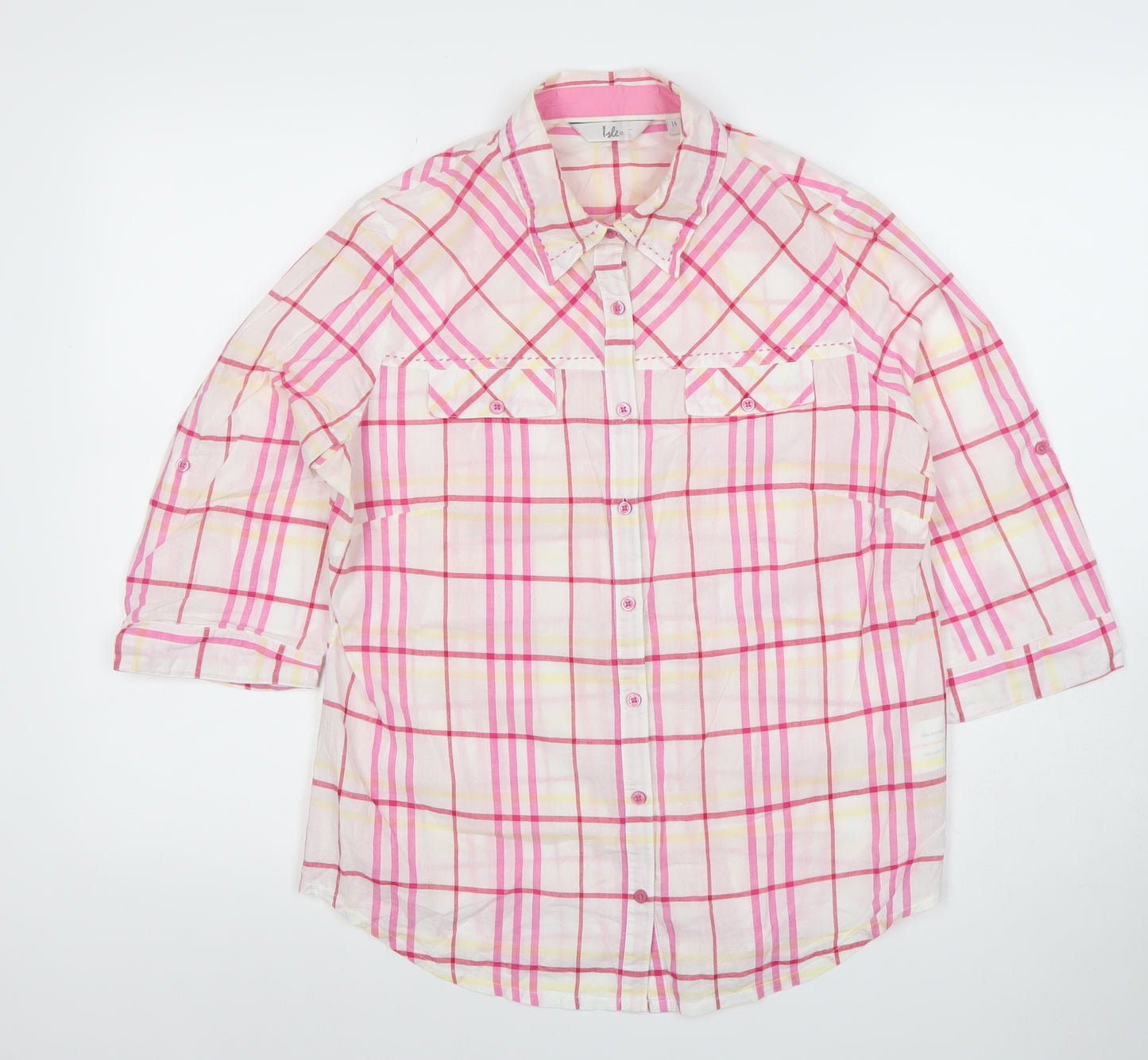Isle Womens Pink Check Button-Up Shirt Size 14 Cotton 3/4 Sleeve Casual