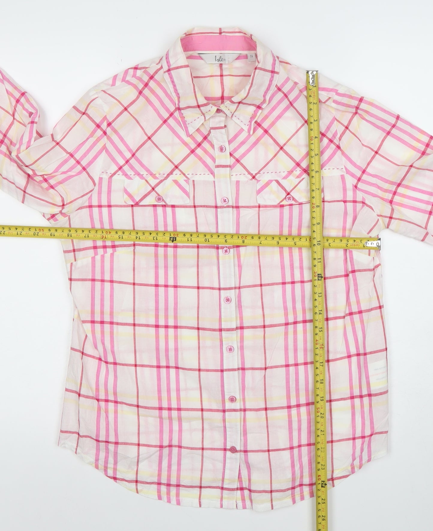 Isle Womens Pink Check Button-Up Shirt Size 14 Cotton 3/4 Sleeve Casual