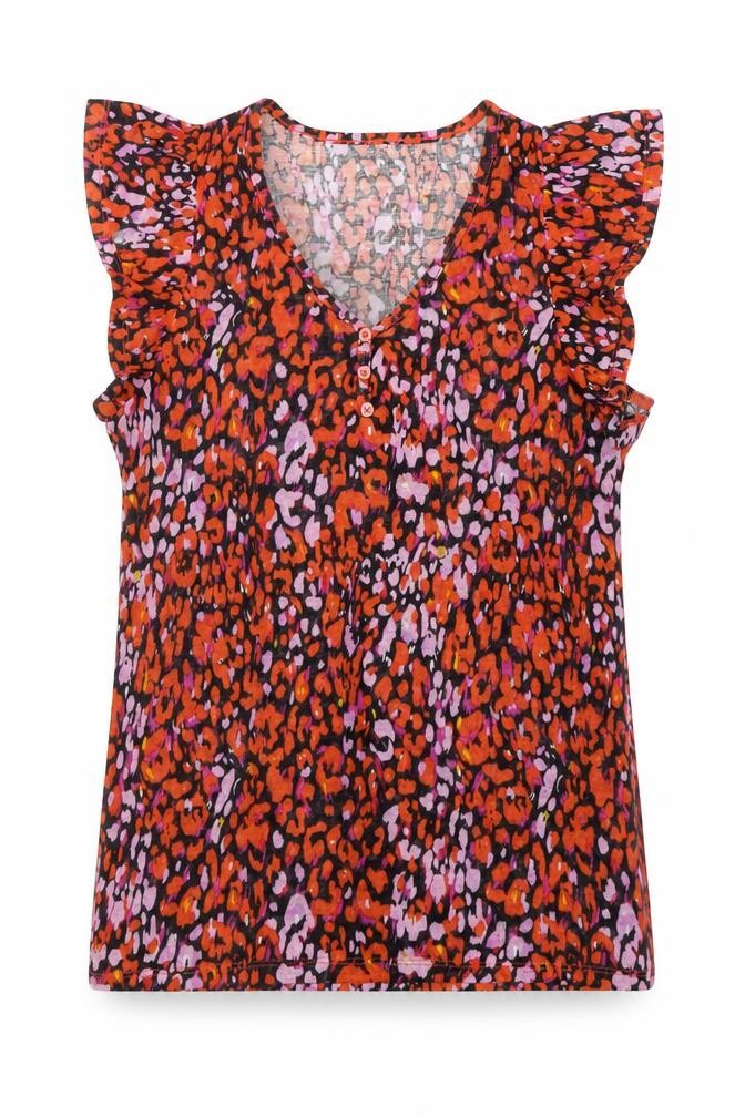 Front view of Dunnes women’s multicoloured animal print ruffle sleeve blouse xs