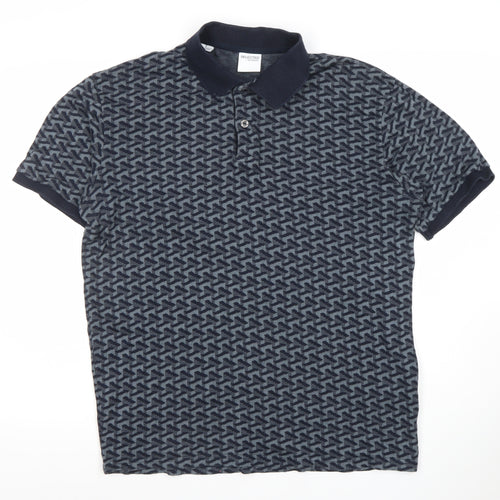 Selected Homme Men's Blue Geometric Cotton Polo Shirt Size L