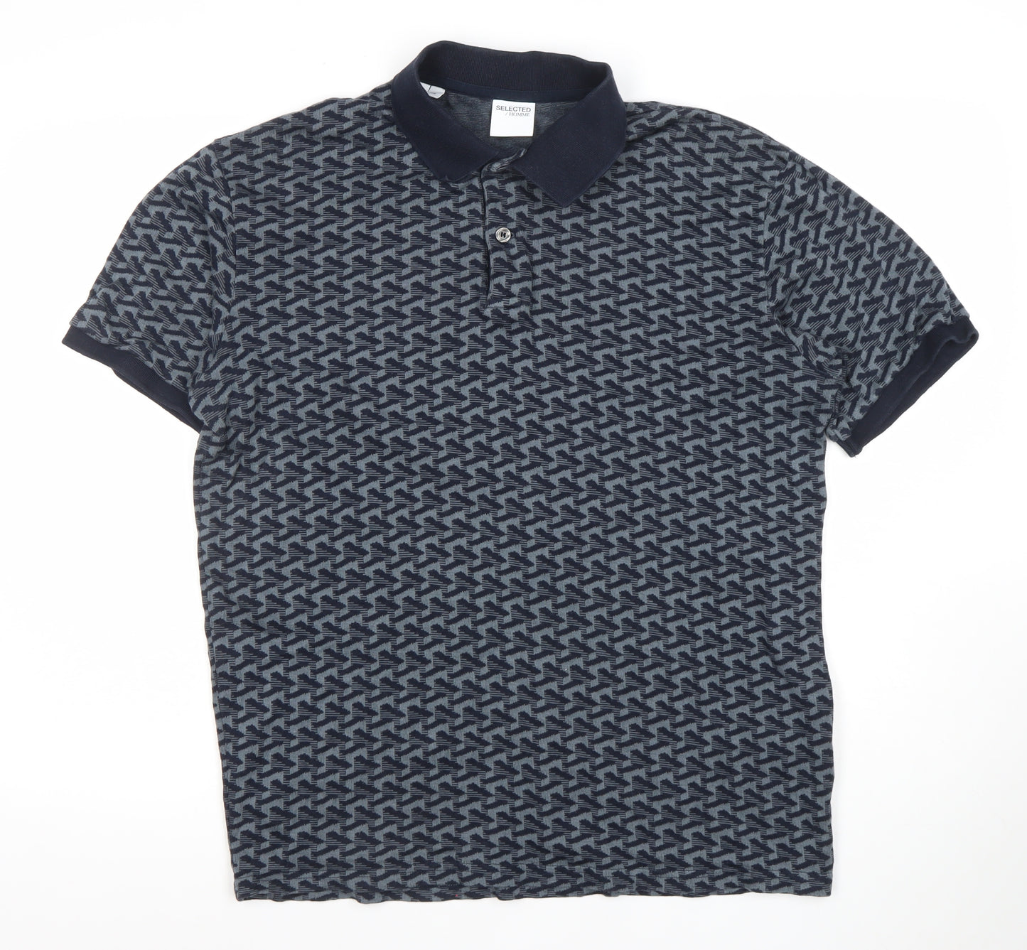 Selected Homme Men's Blue Geometric Cotton Polo Shirt Size L