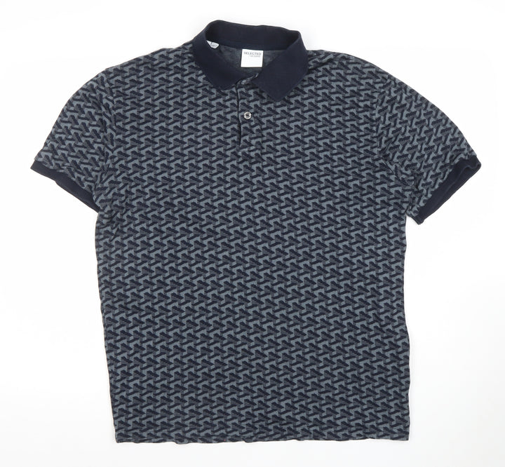 Selected Homme Men's Blue Geometric Cotton Polo Shirt Size L