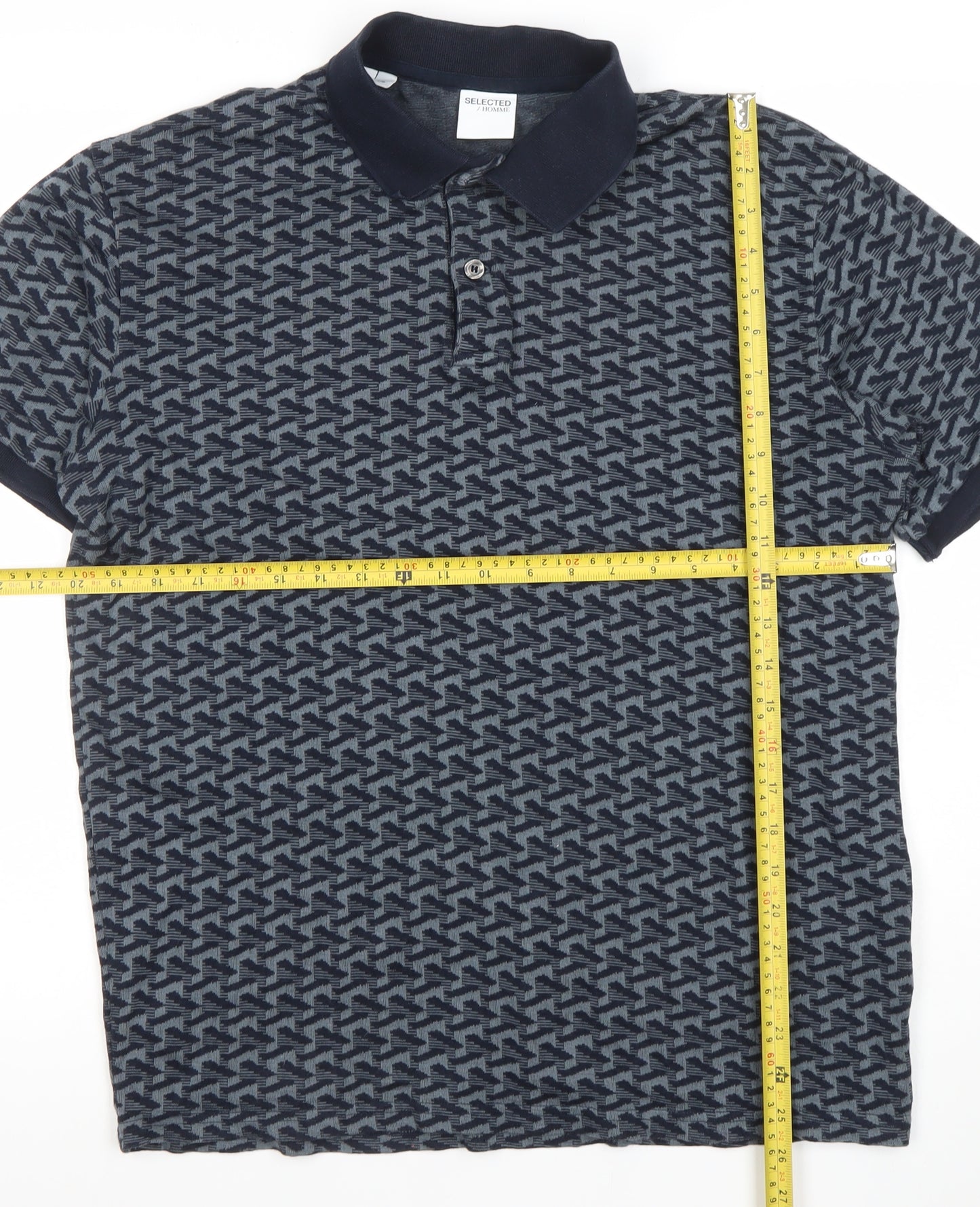 Selected Homme Men's Blue Geometric Cotton Polo Shirt Size L