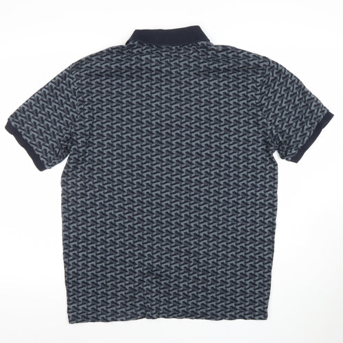 Selected Homme Men's Blue Geometric Cotton Polo Shirt Size L