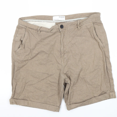 Selected Homme Men's Beige Chino Shorts L Linen Cotton Blend Casual