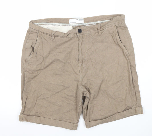 Selected Homme Men's Beige Chino Shorts L Linen Cotton Blend Casual