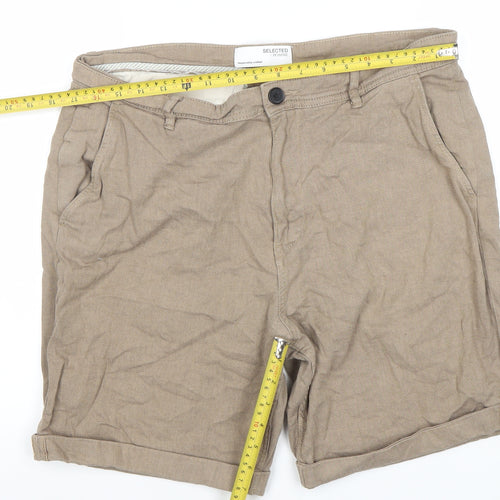 Selected Homme Men's Beige Chino Shorts L Linen Cotton Blend Casual