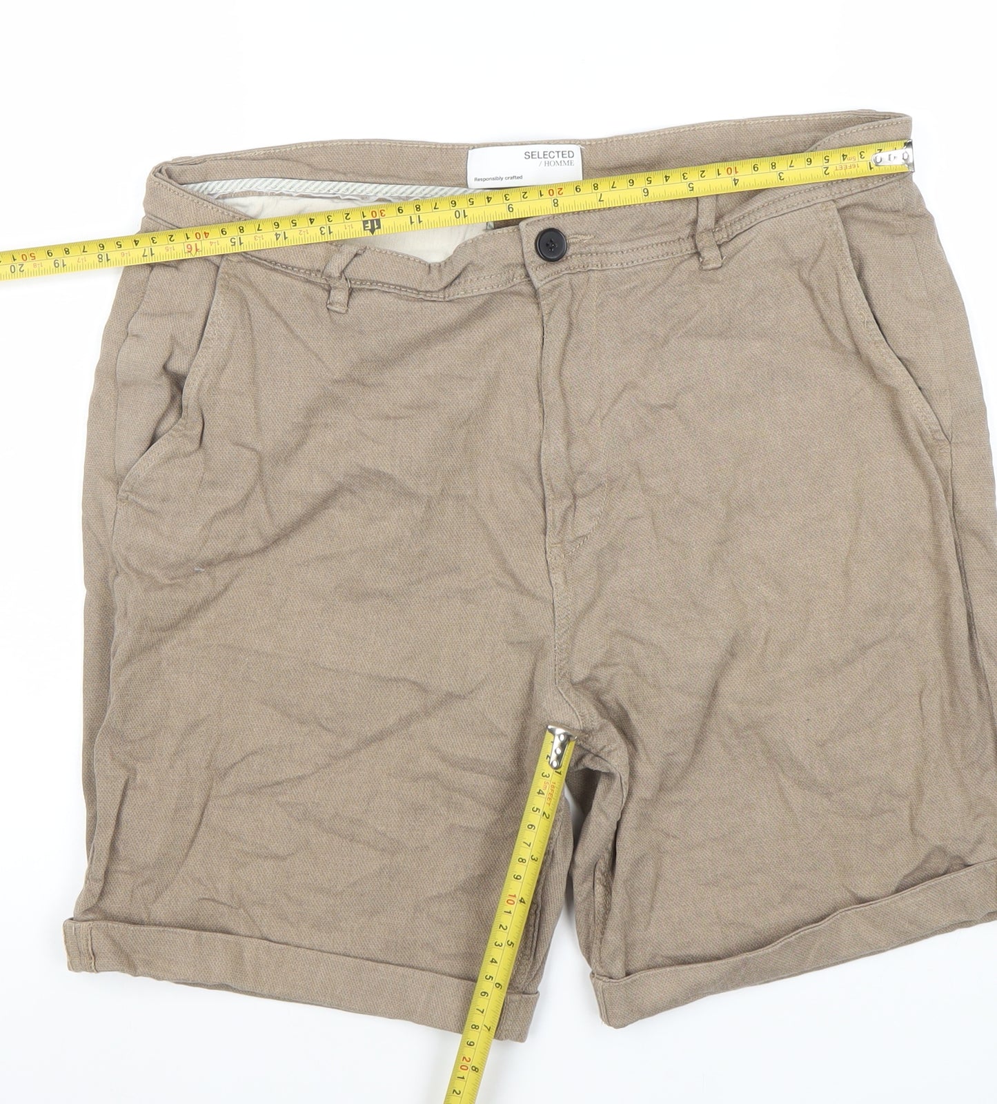 Selected Homme Men's Beige Chino Shorts L Linen Cotton Blend Casual