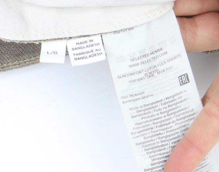 Selected Homme Men's Beige Chino Shorts L Linen Cotton Blend Casual