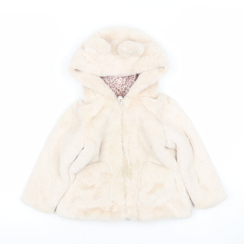 Dunnes Stores Girls Beige Faux Fur Hooded Coat 12-18 Months Lined Zip Jacket