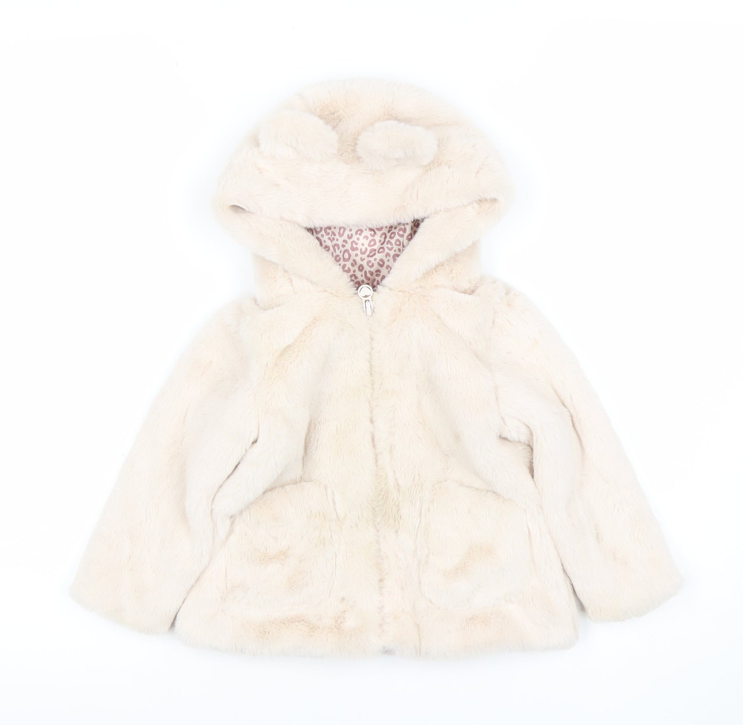 Dunnes Stores Girls Beige Faux Fur Hooded Coat 12-18 Months Lined Zip Jacket