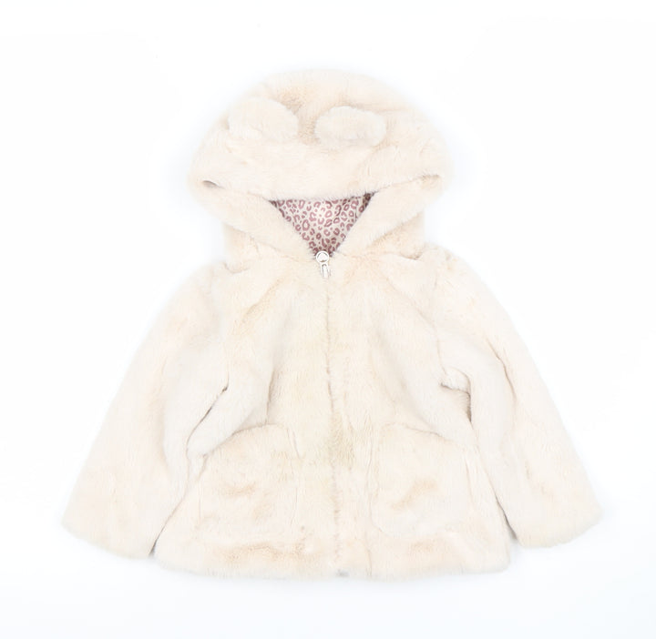Dunnes Stores Girls Beige Faux Fur Hooded Coat 12-18 Months Lined Zip Jacket