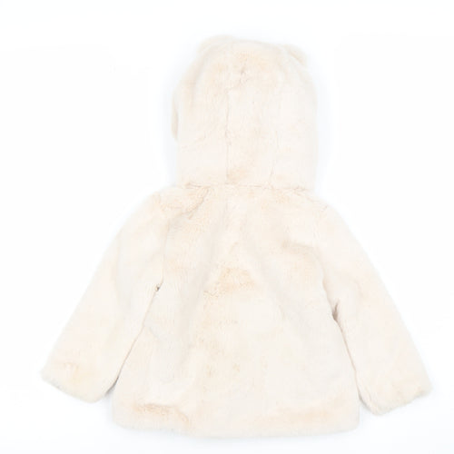 Dunnes Stores Girls Beige Faux Fur Hooded Coat 12-18 Months Lined Zip Jacket